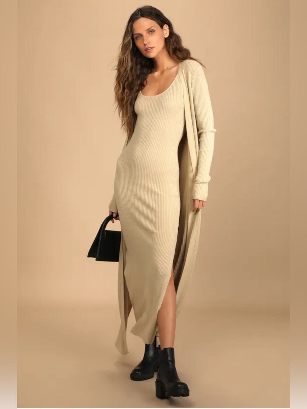 Lulus Layer Lover Beige Ribbed Knit Two-Piece Dress & Cardigan Set Minimalist
